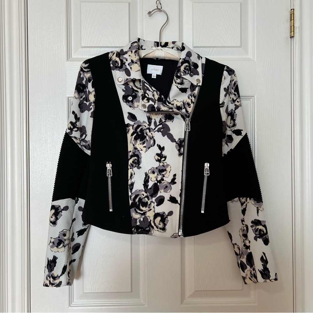 Aritzia Wilfred Black White Floral Montesson Moto Crepe Jacket - Sz 6 - Picture 3 of 16